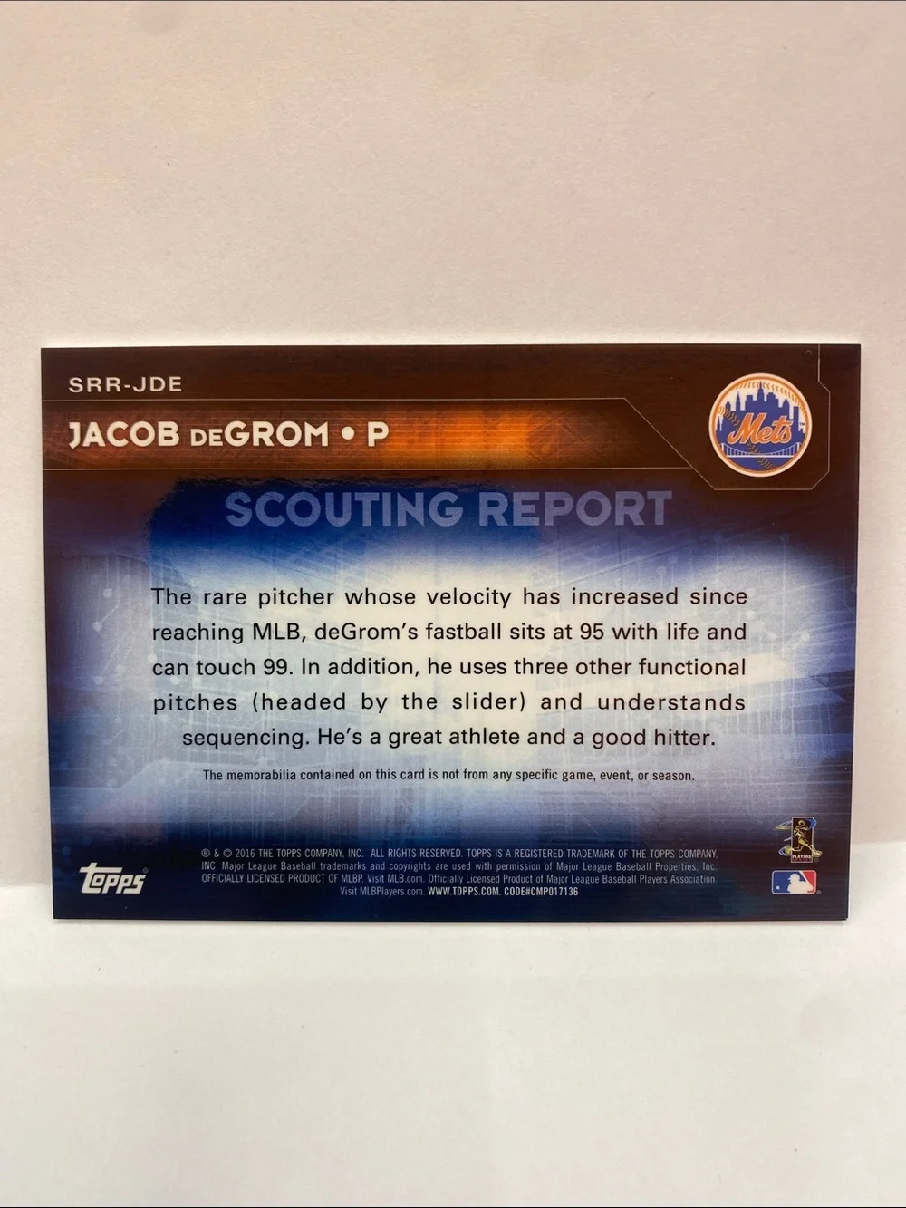 2016 Topps Scouting Report Relic Jacob deGrom Mets #SRR-JDE (001)